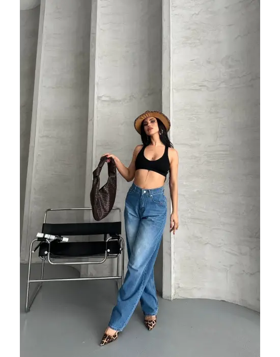 Baggy Süper Taş Bıyık Yıkama Mavi Jeans Pantolon D2007