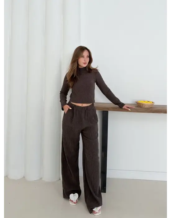 Balıkçı Yaka Örme Takım Kahve St265865