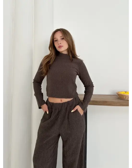 Balıkçı Yaka Örme Takım Kahve St265865