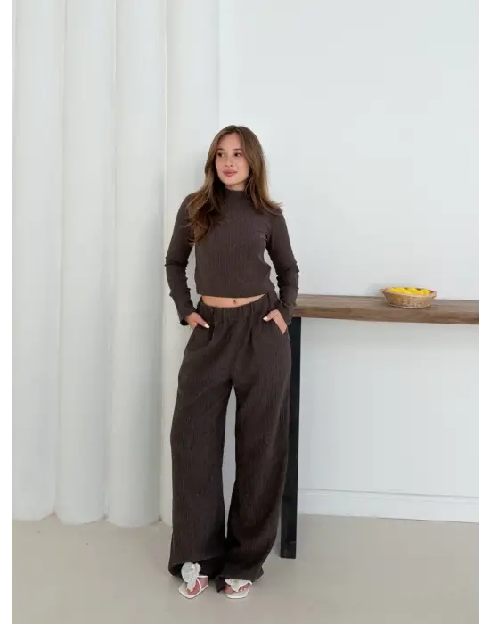 Balıkçı Yaka Örme Takım Kahve St265865