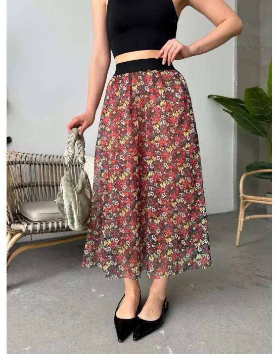 Baskılı Astarlı Uzun Etek