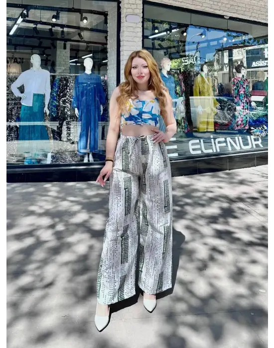 Baskılı Bağcıklı Keten Pantolon Krem