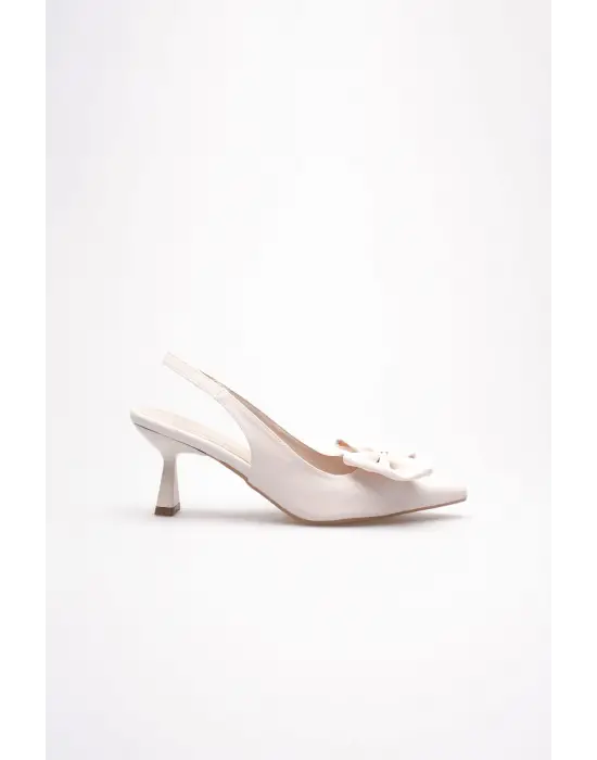 Bej Fiyonklu Kitten Topuklu Slingback Kadın Ayakkabı TR08MS24B