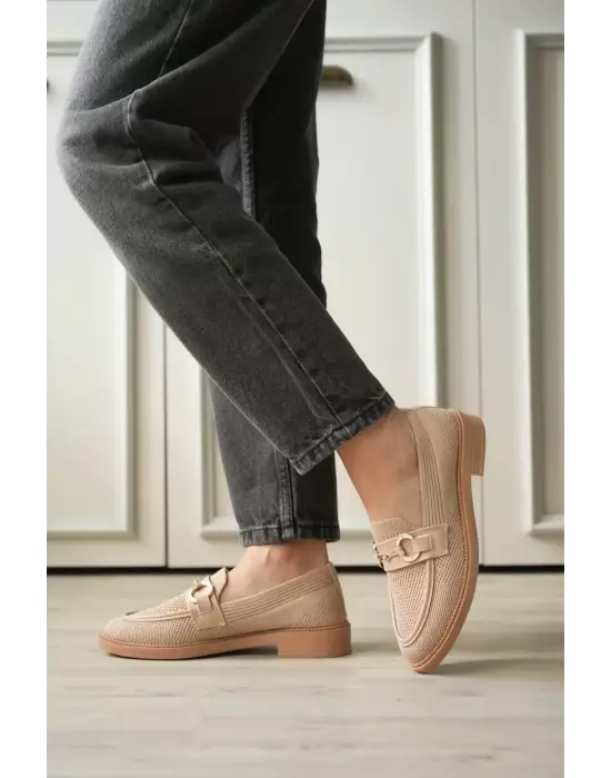 Bej Kadın Loafer Metal Tokalı Rahat Günlük Ayakkabı TR30MS02B