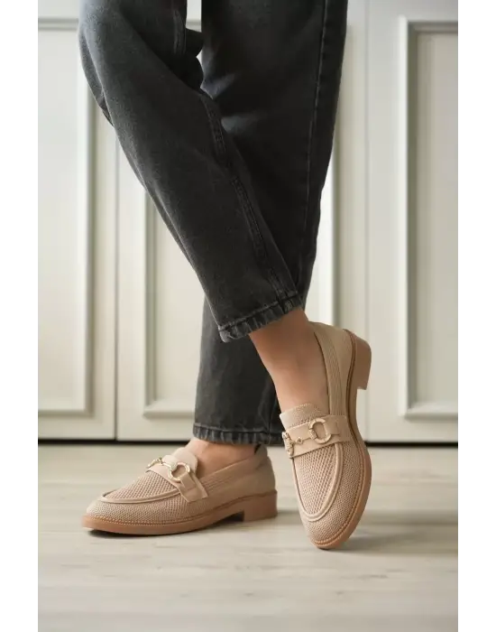 Bej Kadın Loafer Metal Tokalı Rahat Günlük Ayakkabı TR30MS02B