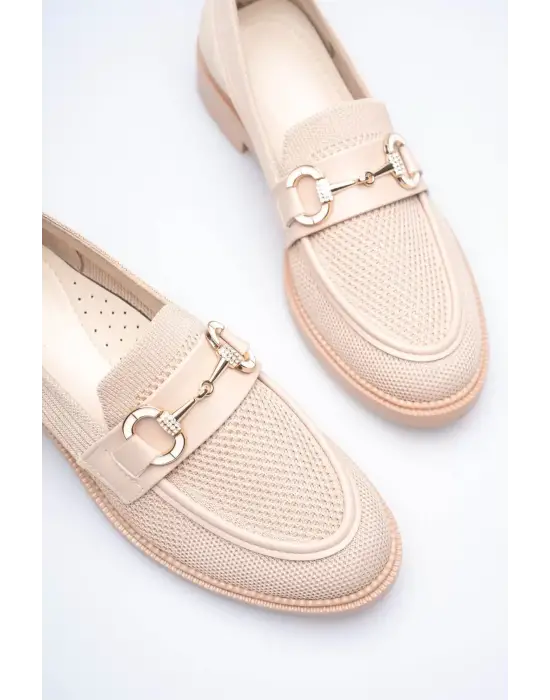 Bej Kadın Loafer Metal Tokalı Rahat Günlük Ayakkabı TR30MS02B