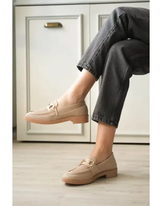Bej Kadın Loafer Metal Tokalı Rahat Günlük Ayakkabı TR30MS02B