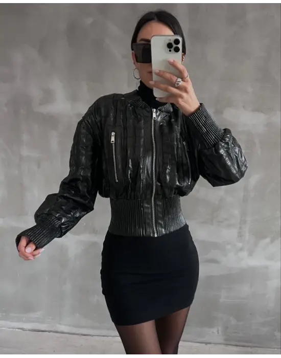 Beli Büzgülü Crop Deri Ceket Siyah