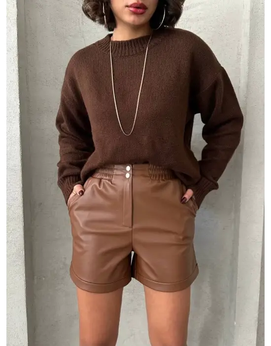 Beli Lastikli Çıtçıtlı Deri Şort Kahve W241007