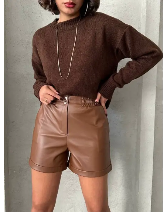 Beli Lastikli Çıtçıtlı Deri Şort Kahve W241007