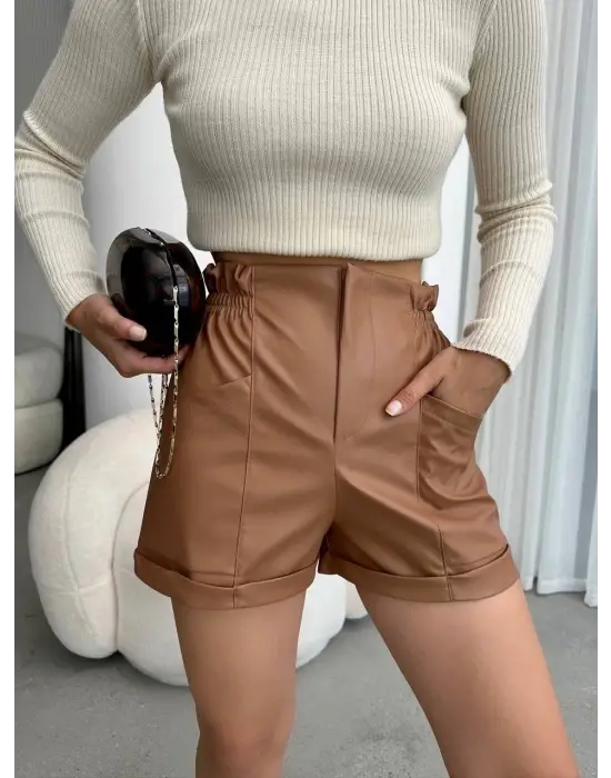 Beli Lastikli Deri Şort Kahve H24605
