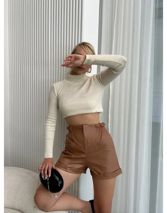 Beli Lastikli Deri Şort Kahve H24605