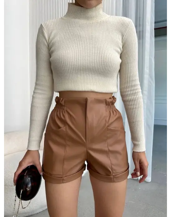 Beli Lastikli Deri Şort Kahve H24605