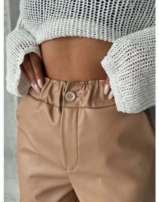 Beli Lastikli Duble Paça Deri Şort Bej W24755