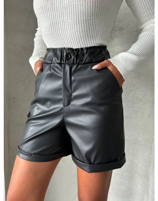 Beli Lastikli Duble Paça Deri Şort Siyah W24755