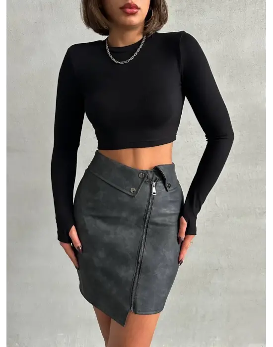 Beli Pervazlı Fermuarlı Eskitme Deri Etek W24431