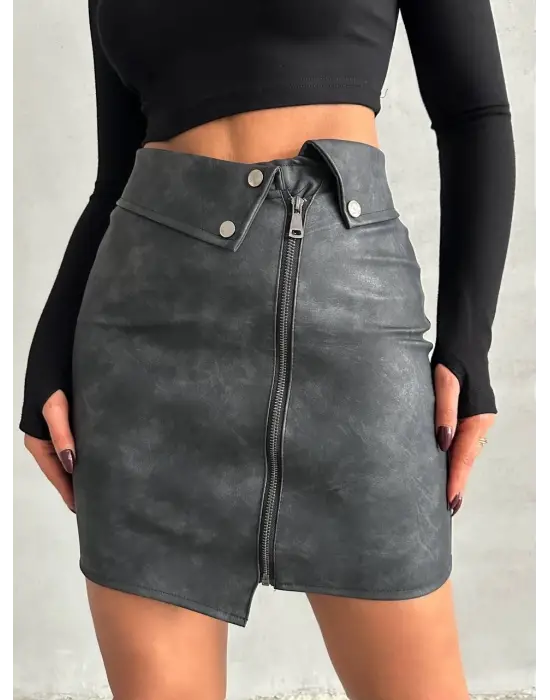 Beli Pervazlı Fermuarlı Eskitme Deri Etek W24431