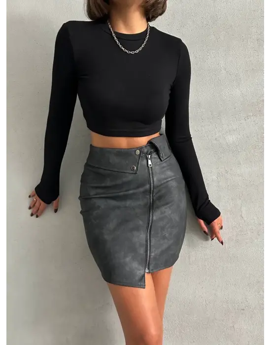 Beli Pervazlı Fermuarlı Eskitme Deri Etek W24431