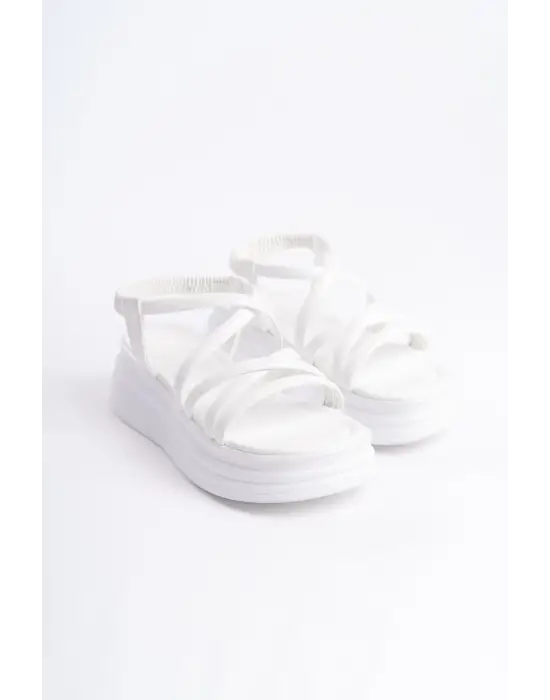Bella Lastikli Şerit Detaylı Ortopedik Taban Kadın Sandalet Bt - Beyaz