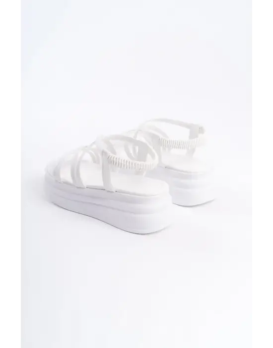 Bella Lastikli Şerit Detaylı Ortopedik Taban Kadın Sandalet Bt - Beyaz