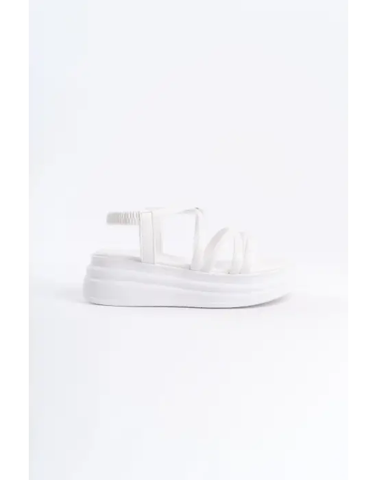 Bella Lastikli Şerit Detaylı Ortopedik Taban Kadın Sandalet Bt - Beyaz
