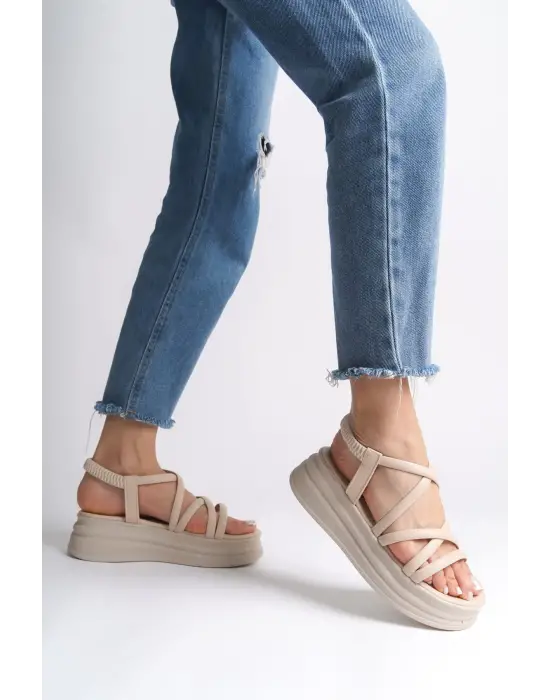 Bella Lastikli Şerit Detaylı Ortopedik Taban Kadın Sandalet Kt - Krem