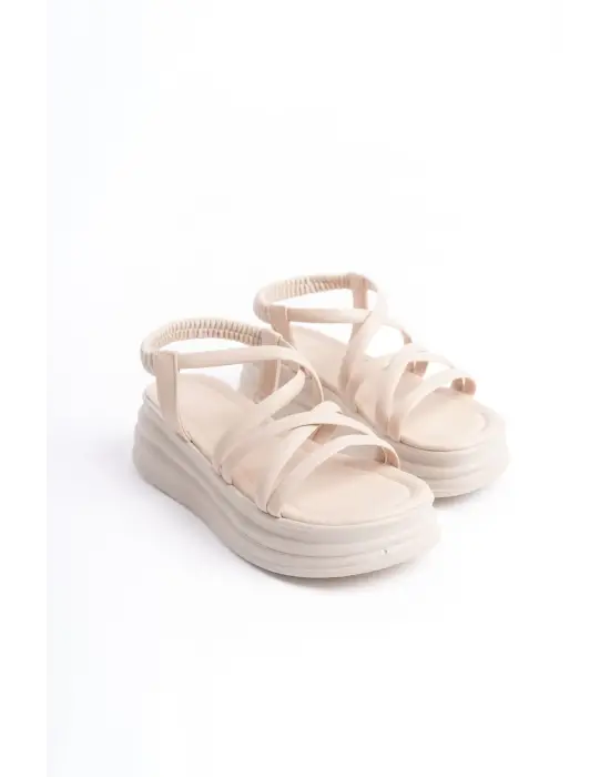 Bella Lastikli Şerit Detaylı Ortopedik Taban Kadın Sandalet Kt - Krem