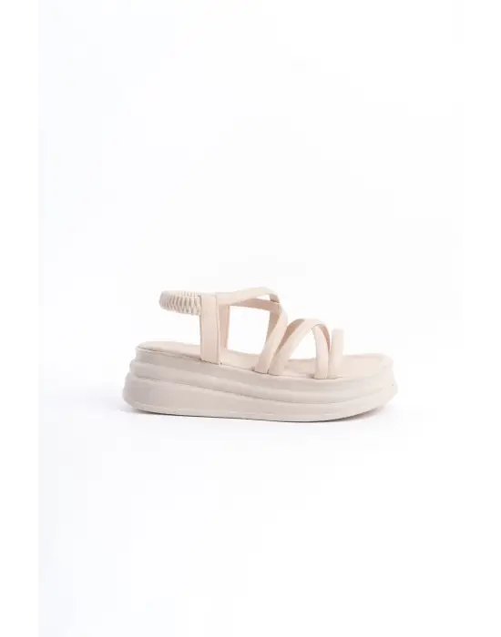 Bella Lastikli Şerit Detaylı Ortopedik Taban Kadın Sandalet Kt - Krem