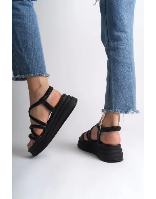 Bella Lastikli Şerit Detaylı Ortopedik Taban Kadın Sandalet St - Siyah