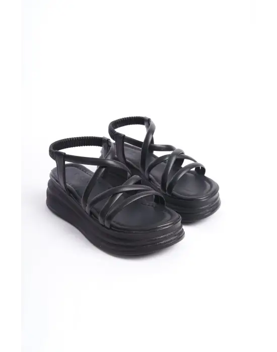 Bella Lastikli Şerit Detaylı Ortopedik Taban Kadın Sandalet St - Siyah