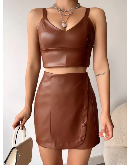 Beş Düğmeli Oval Deri Etek Kahve H240068