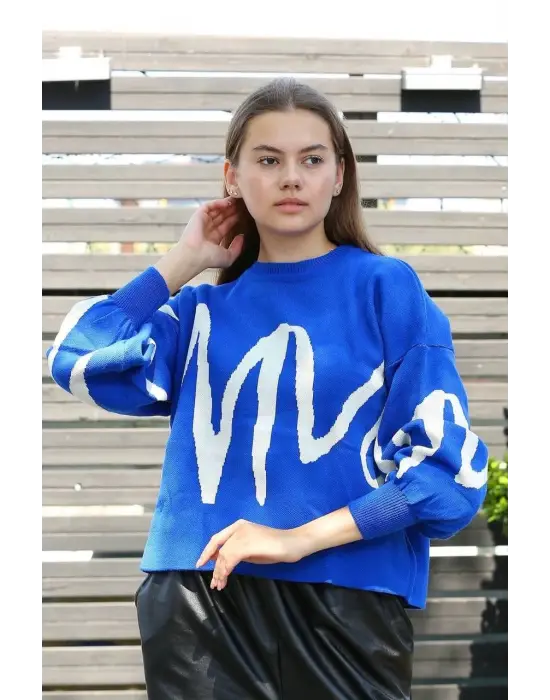 Beyaz Çizgili Bisiklet Yaka Kazak Saksmavisi