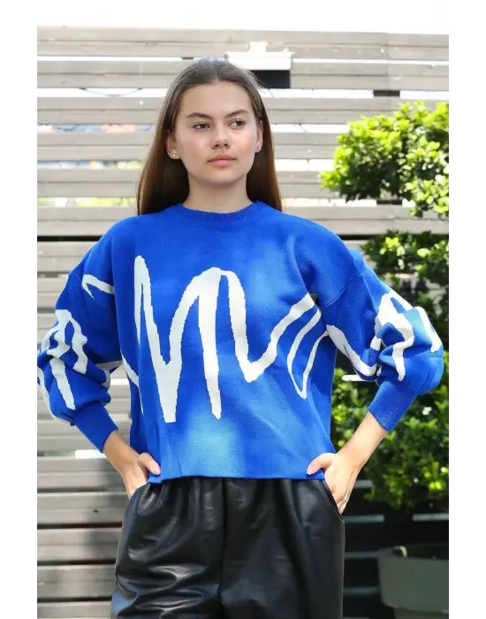 Beyaz Çizgili Bisiklet Yaka Kazak Saksmavisi