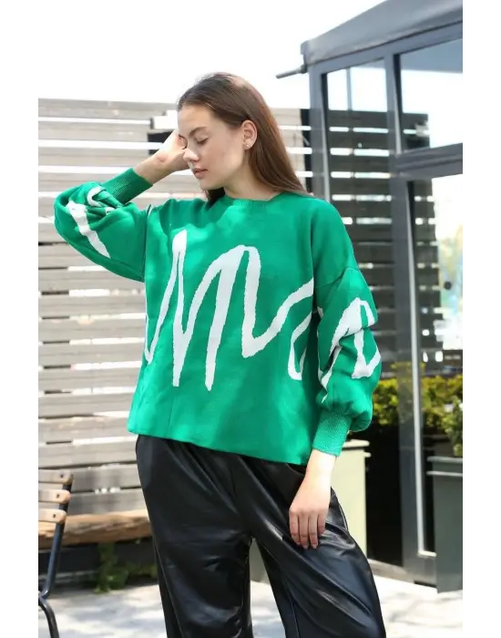 Beyaz Çizgili Bisiklet Yaka Kazak Yeşil