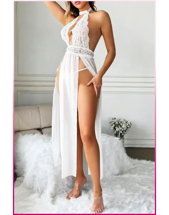 Beyaz Kalp Aksesuarlı Tül Etekli Kadın Seksi Gecelik
