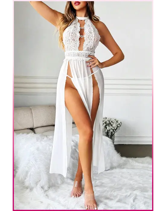 Beyaz Kalp Aksesuarlı Tül Etekli Kadın Seksi Gecelik