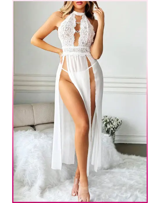 Beyaz Kalp Aksesuarlı Tül Etekli Kadın Seksi Gecelik