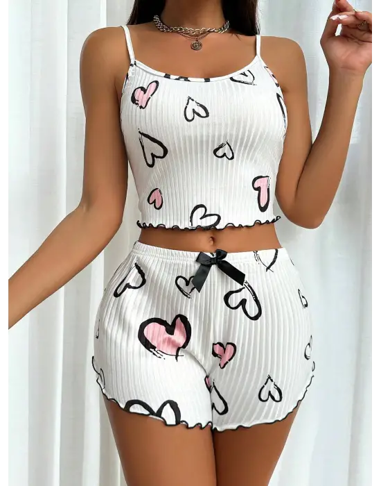 Beyaz Kalp Desen Detaylı 2li Pijama Takımı