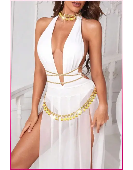 Beyaz Pul Aksesuarlı Tül Etekli Kadın Seksi Gecelik