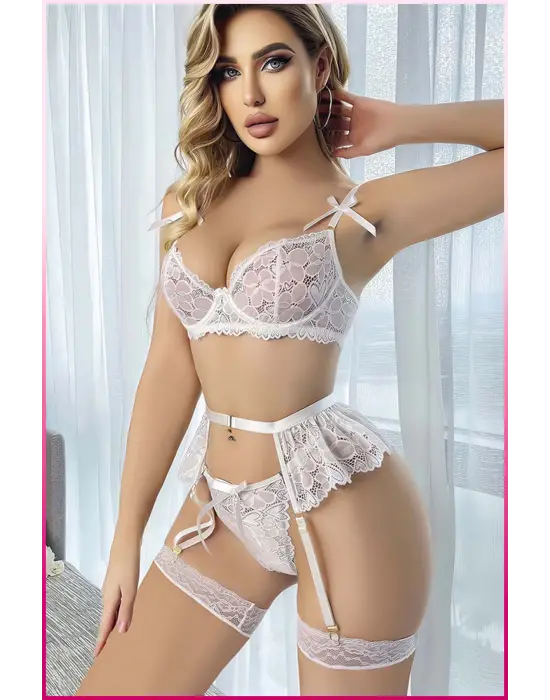 Beyaz Zarif Dantelli Balenli Kadın Jartiyer Takım