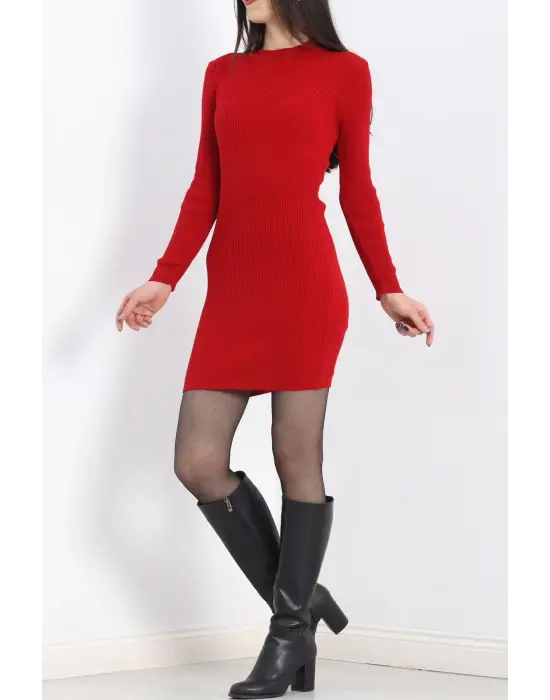 Bisiklet Yaka Kırmızı Triko Elbise