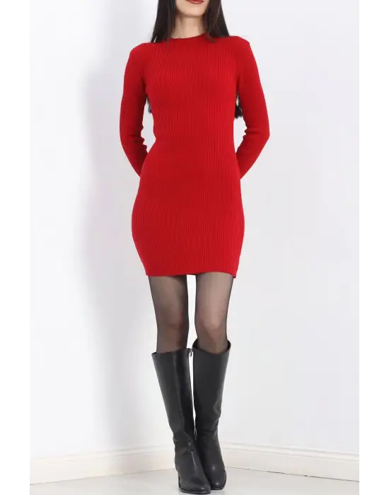 Bisiklet Yaka Kırmızı Triko Elbise
