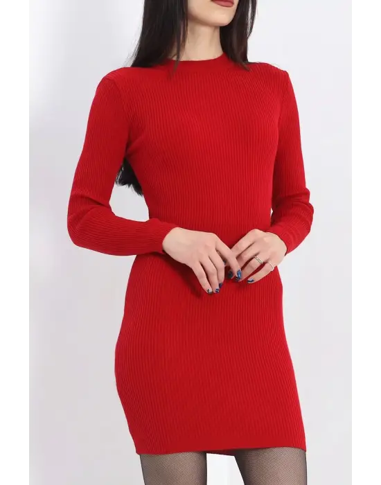 Bisiklet Yaka Kırmızı Triko Elbise