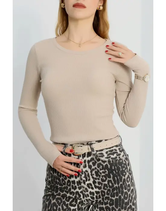 Bisiklet Yaka Parmak Geçmeli Kaşkorse Bluz Bej A3829