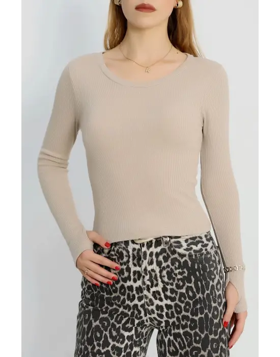Bisiklet Yaka Parmak Geçmeli Kaşkorse Bluz Bej A3829
