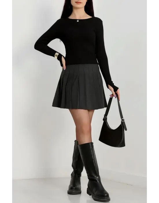 Bisiklet Yaka Parmak Geçmeli Kaşkorse Bluz Siyah A3829