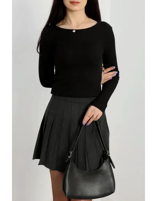 Bisiklet Yaka Parmak Geçmeli Kaşkorse Bluz Siyah A3829