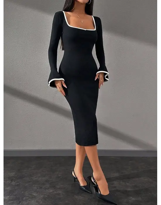 Biyeli Midi Boy Elbise Siyah A3718