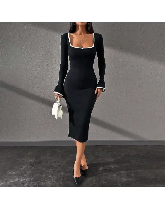 Biyeli Midi Boy Elbise Siyah A3718