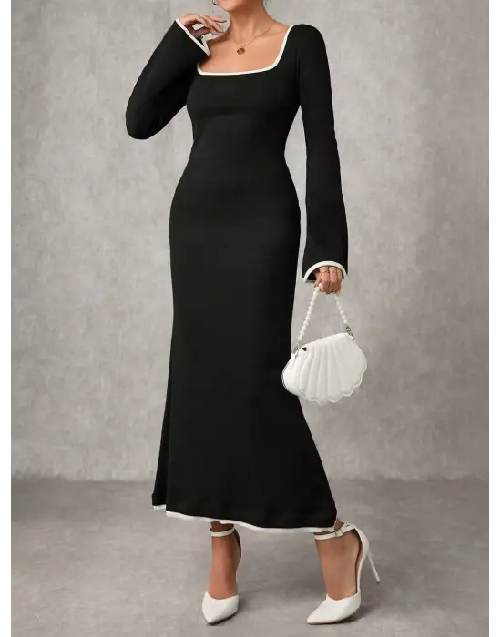 Biyeli Uzun Elbise Siyah